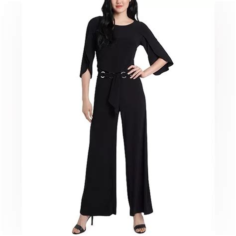 Msk Pants And Jumpsuits Msk Black Belted Tulipsleeve Wideleg Jumpsuit