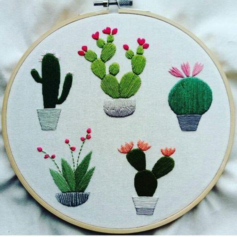 Three Types Of Cactus Plant Redwork Embroidery Hand Embroidery