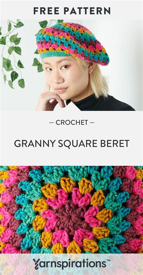 A Woman Wearing A Crochet Hat With The Words Granny Square Beret On It