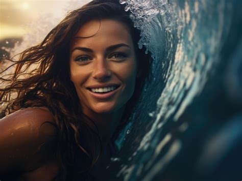 Premium Ai Image Fit Cute Woman Surfing Ocean Wave