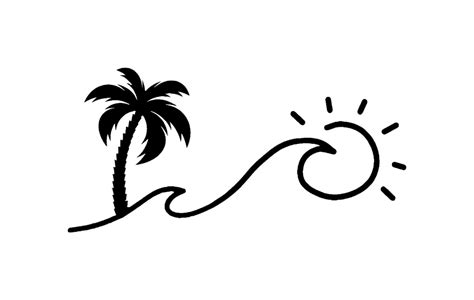 A Black And White Drawing Of A Palm Tree On Top Of A Wave In The Ocean