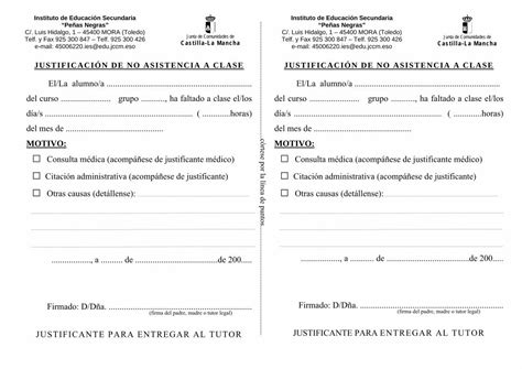 PDF JUSTIFICACIÓN DE NO ASISTENCIA A CLASE Justificante Faltas