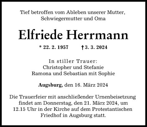 Traueranzeigen Von Elfriede Herrmann Augsburger Allgemeine Zeitung