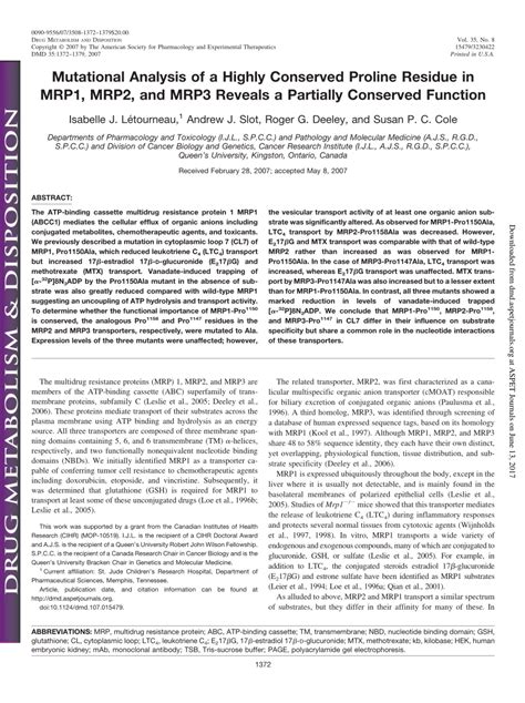 Pdf Mutational Analysis Of A Highly Conserved Proline Residue In Mrp