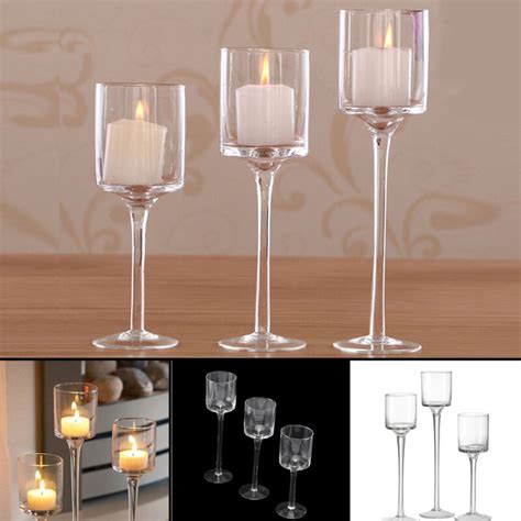 Set Of 3 Tall Glass Large Candle Holders Centrepiece Tea Light Wedding Candles Ebay