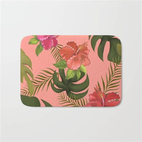 Buy Peach Tropical Print Bath Mat By Newburydesigns Worldwide Shipping