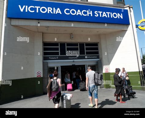 exterior  victoria coach station people  sign victoria london uk