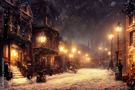 Snowy street with Christmas trees and lights. Stock Illustration ...