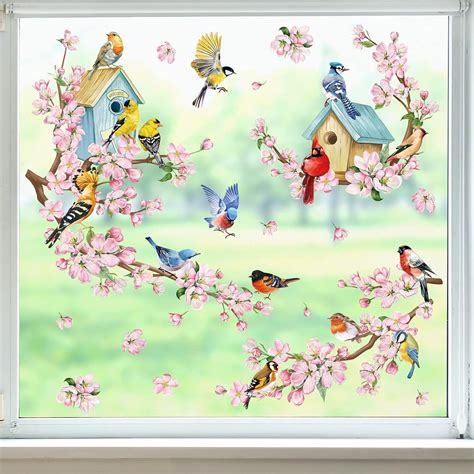 wondever Stickers Fenetre Fleur Oiseaux sur Branche Autocollant Fenêtre