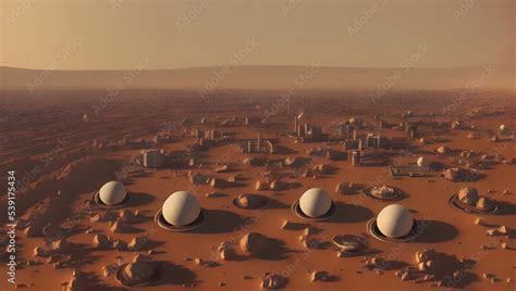 first martian colony - mars base - planet mars colony with geodesic buildings / domes and small ...