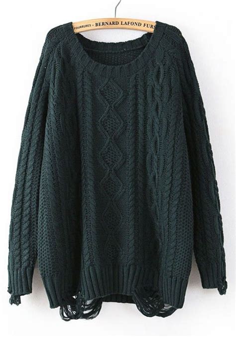 Dark Green Plain Round Neck Loose Cotton Sweater Selling Clothes