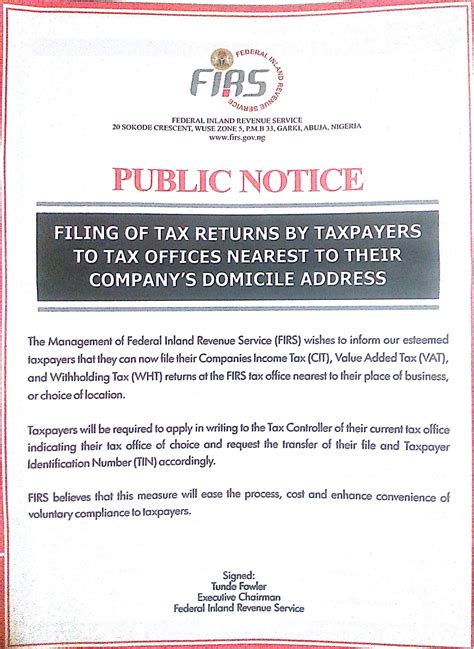 Federal Inland Revenue Service Firs Public Notice Taisha