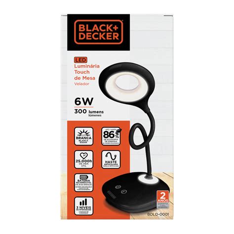 Lumin Ria De Mesa Led W K Touch Bateria Preta Black Decker