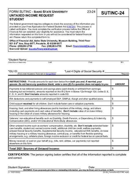 Fillable Online Student Untaxed Income Request Financial Aid Form Fax