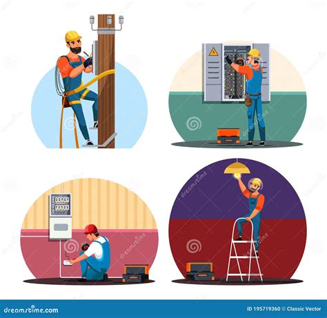 Electrician Performing Electrical Work Scene Set Stock Vector