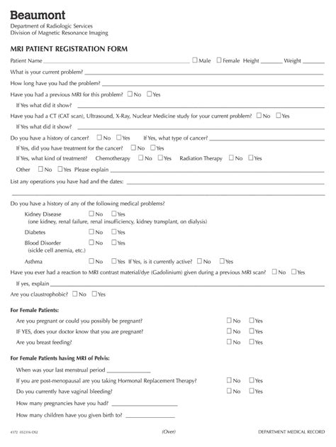 Beaumont Health System Mri Patient Information Form 2016 2022 Fill