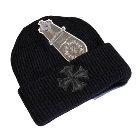 Chrome Hearts Black Beanie Hat Leather Cross Patch... - Depop