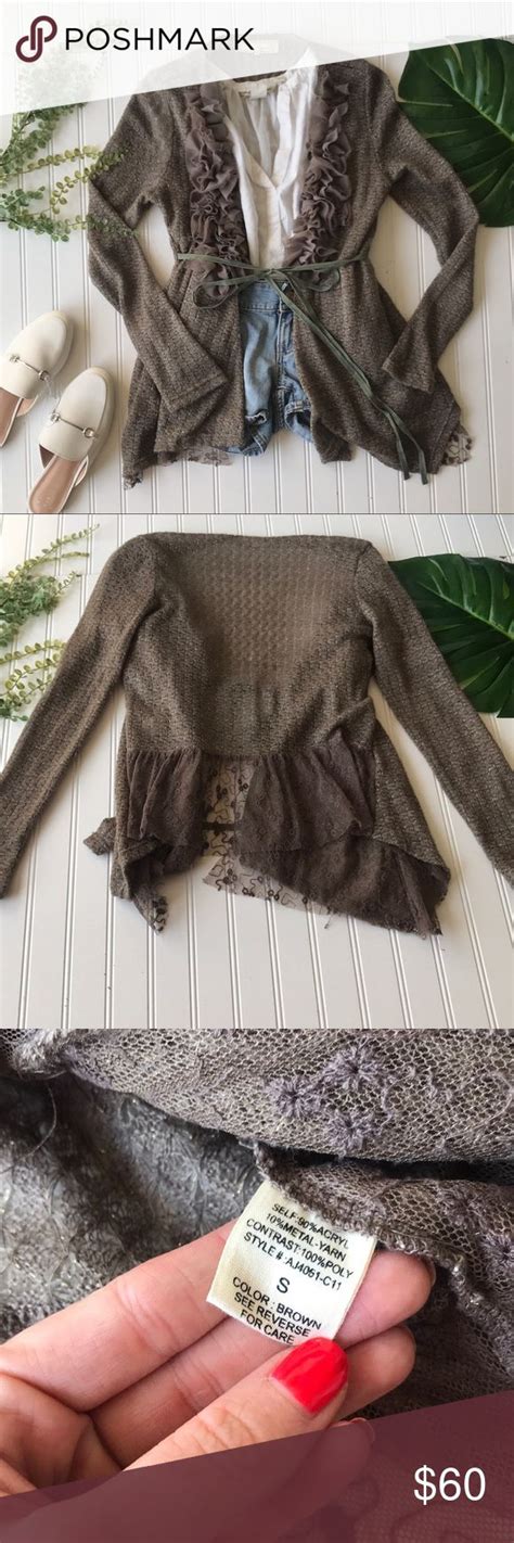 Anthropologie A Reve Cardigan Ruffle Lace Tie Tan Clothes Design