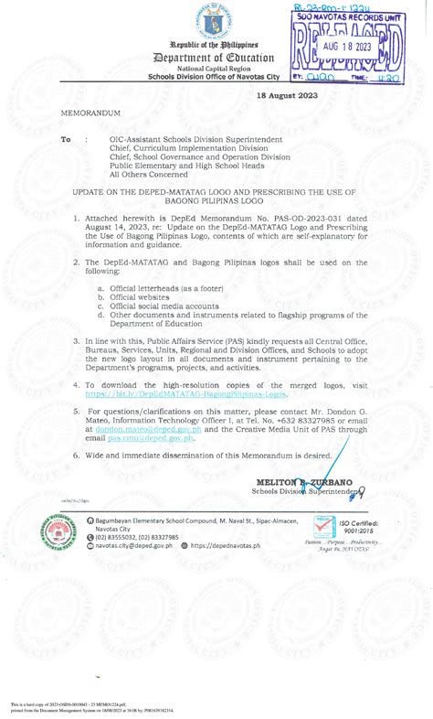 Unmemo Dep Ed Mttg Logo - DepEd Memo - This is a hard copy of 2023-OSDS-0010043 - 23 MEMO1224 ...