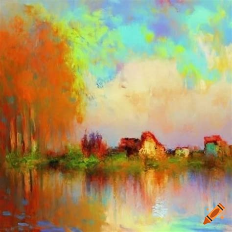 Impressionistic Painting Of A City River With Boats And Reflections