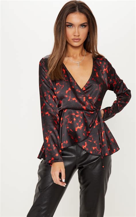 Black Print Tie Waist Satin Blouse Tops Prettylittlething