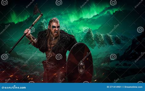 Viking Warrior With Shield And Axe Against Northern Lights Stock Image