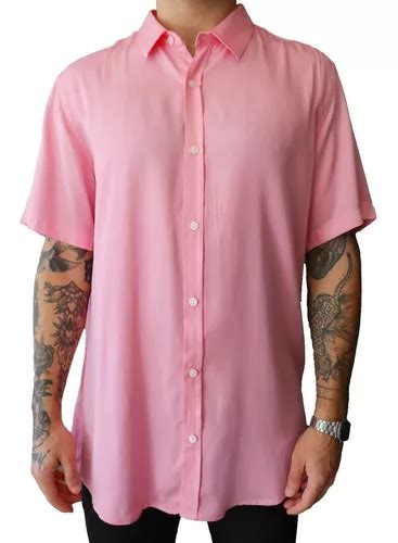 Camisa Masculina Social Manga Curta Rosa Viscose Unissex Escorrega O