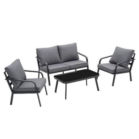 Ovastlkuy Gray 4 Piece Outdoor Aluminum Patio Conversation Set With Gray Cushions And Coffee