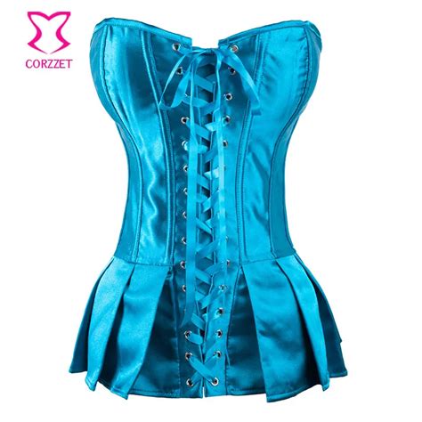 Corzzet Blue Satin Long Length Front Lace Up Corset Bustier Sexy