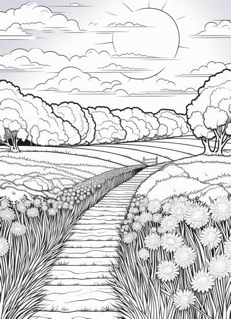 Premium AI Image | a black and white drawing of a field with dandelions ...