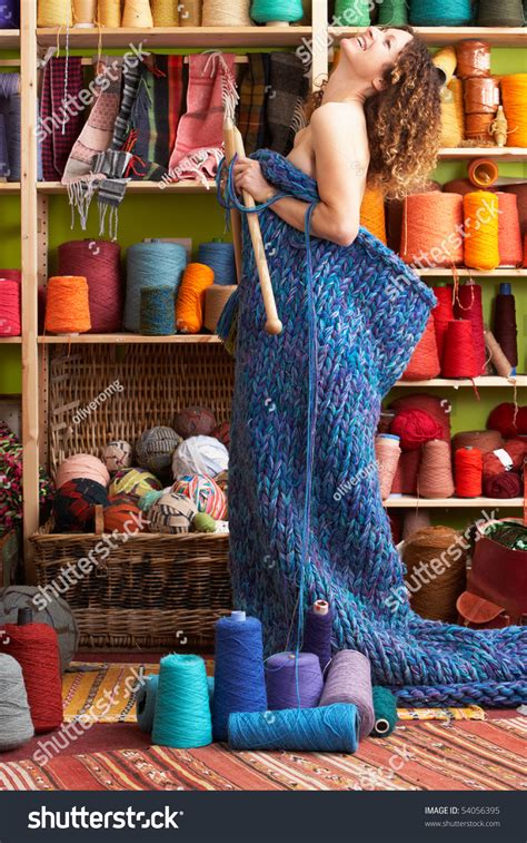 Naked Woman Standing Knitted Item Standing Stock Photo