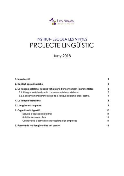 Institut Escola Les Vinyes Projecte lingüístic 2018 PDF