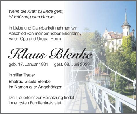 Traueranzeigen Von Klaus Blenke Abschied Nehmen De