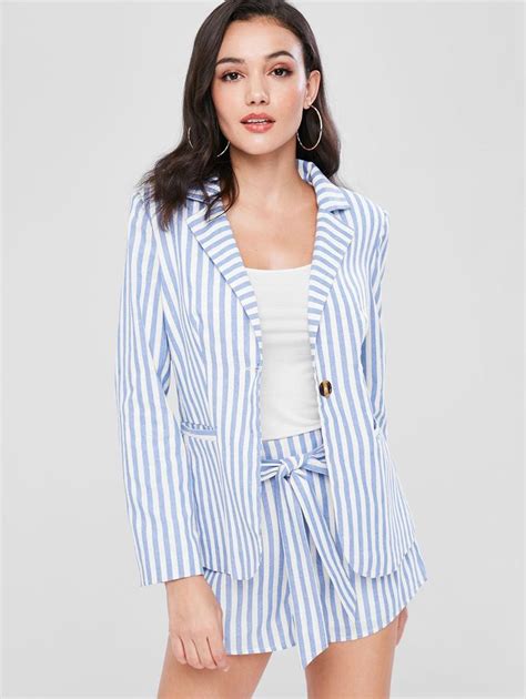 Zaful Striped Blazer And Belted Shorts Set Pastel Blue Sponsored