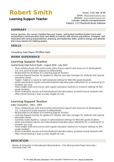 Learning Support Teacher Resume Samples Qwikresume