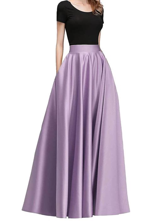 Women Satin Skirts Long Floor Length High Waist Wedding Formal Prom Party Skirts With Pockets