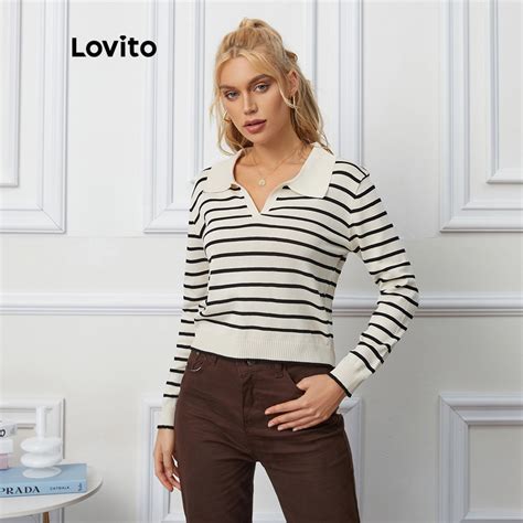 Lovito Top Preppy Listrado Gola V Polo Colarinho E Mangas Longas