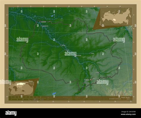 Tomsk Region Of Russia Colored Elevation Map With Lakes And Rivers