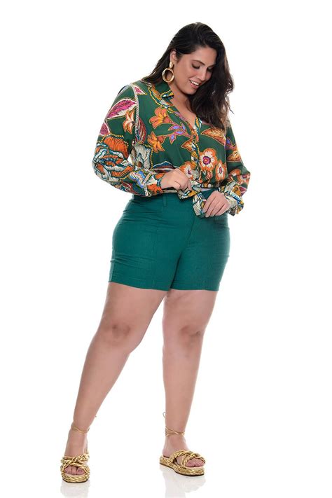 Camisa Plus Size Em Viscose Estampada Manga Longa Verde Vk Moda Plus Size