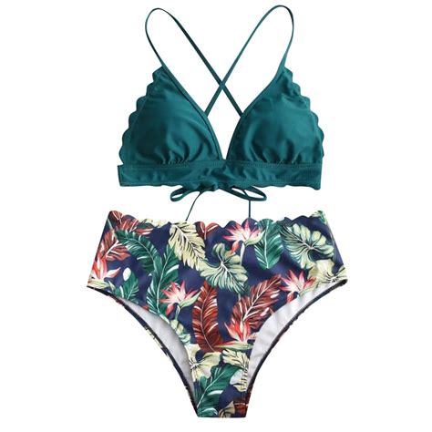 Kcodviy Women Crisscross Back Leaf Print High Waist Bikini Set Two