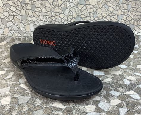 Vionic Tide Ii Black Patent Leather Orthotic Thong Sa Gem