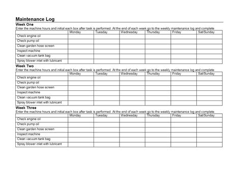 Equipment Maintenance Log Template Free