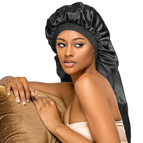 Long Satin Bonnet Sleep Cap Black Extra Large Silk Bonnet For Natural