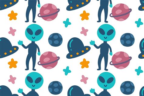 Hand Drawn Funny Alien Ufo Planets And Stars Cartoon Illustration