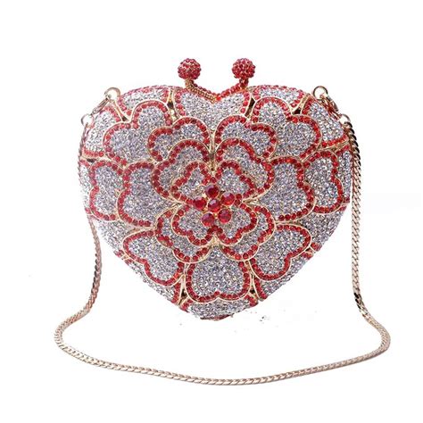 Hollow Out Heart Clover Shape Women Red Crystal Evening Bags Clutches