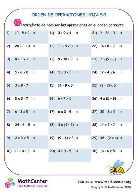 Quinto Grado Hojas De Trabajo Jerarquía De Operaciones Math Center