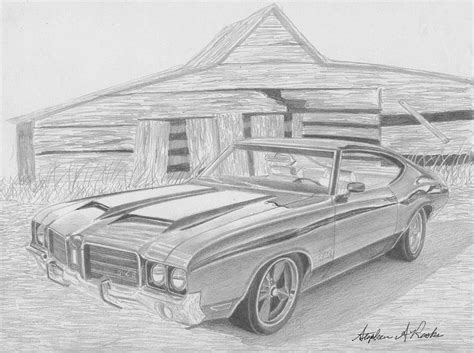 Oldsmobile Cutlass Muscle Car Art Print Drawing By Stephen Rooks