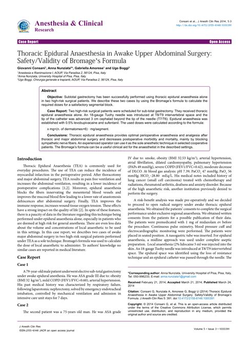 (PDF) Thoracic Epidural Anaesthesia in Awake Upper Abdominal Surgery ...