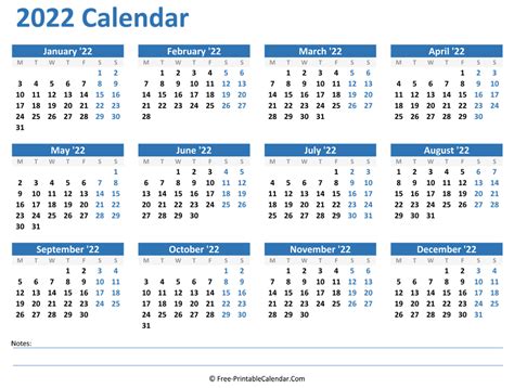 2022 Yearly Calendar in Excel, PDF and Word