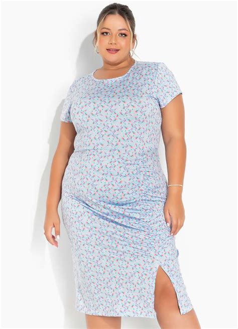 Vestido Floral Azul Com Fenda Plus Size Marguerite